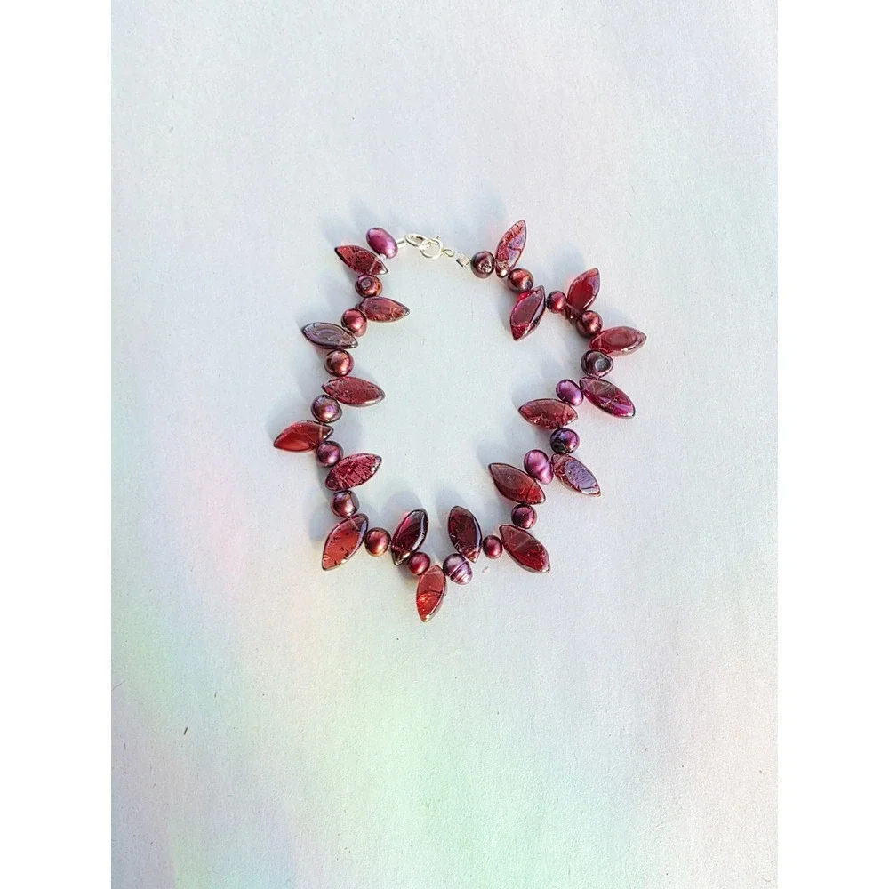 Handmade Sterling Silver 925 Garnet and Genuine Pearl Bracelet Red Wine Gift
